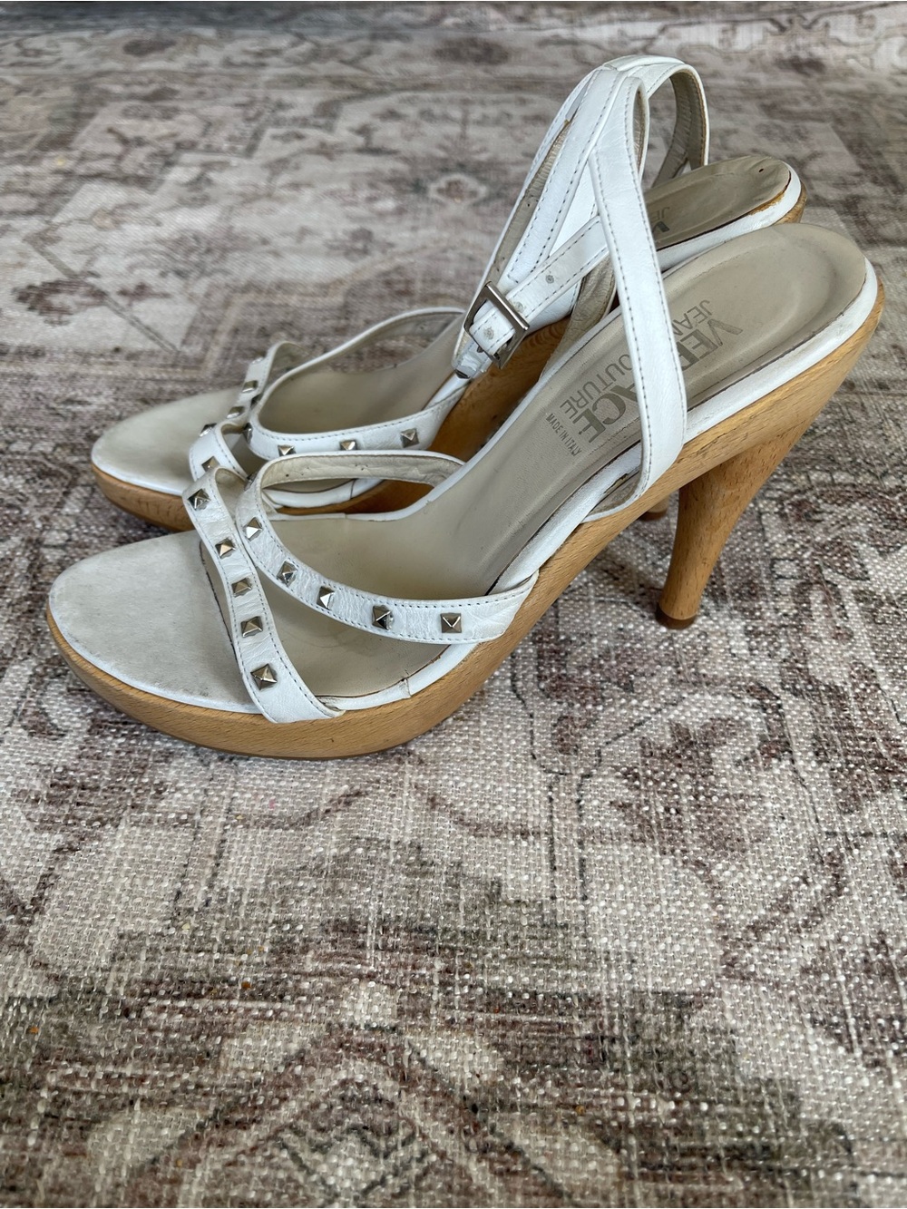 Versace Jeans Couture Y2K White Studded Leather Strappy Wood Heels